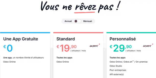 Prix de la licence Odoo Entreprise Online : à partir de 29,90 euros par utilisateur et par mois